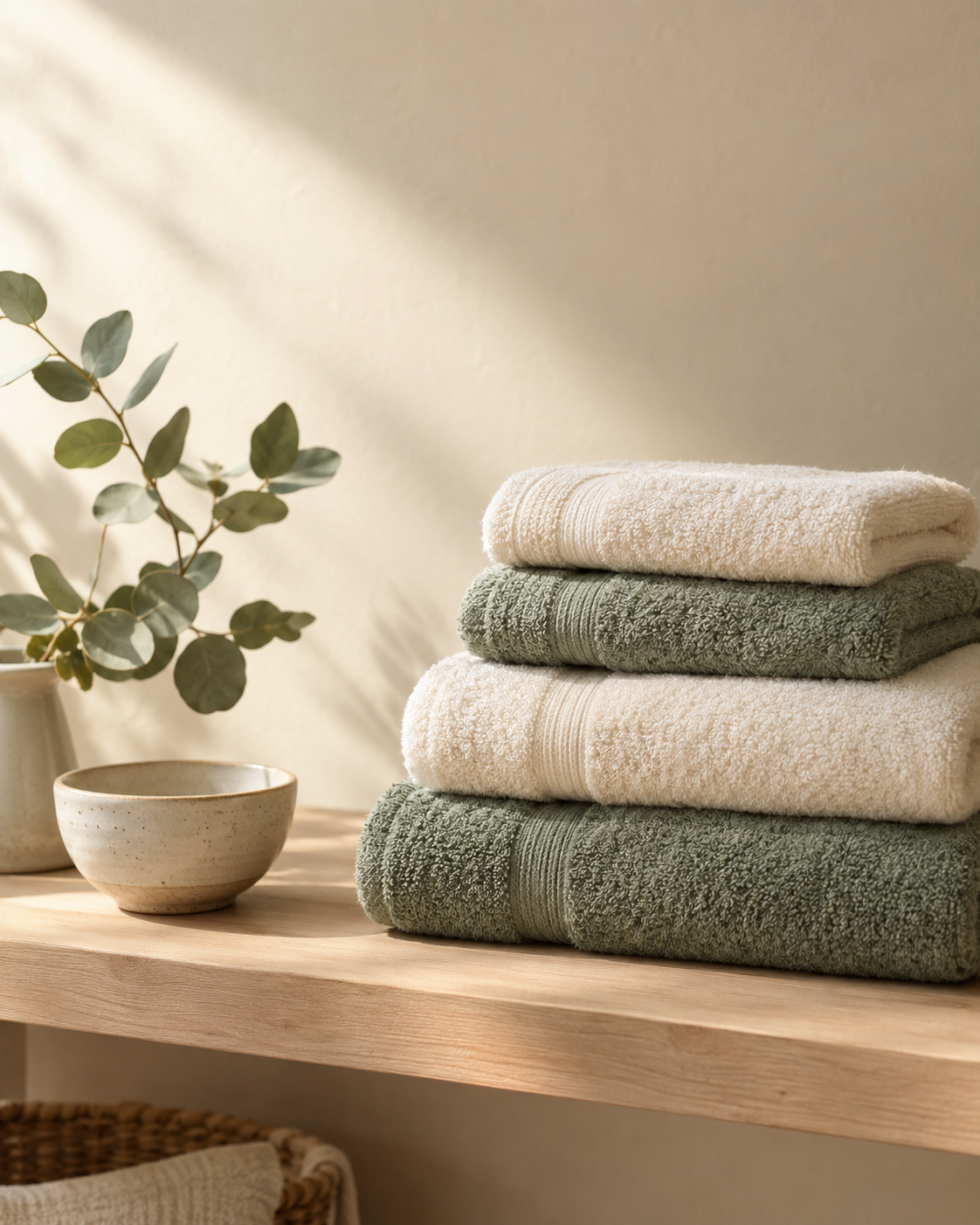 Stapel crème en saliegroene handdoeken op een houten plank