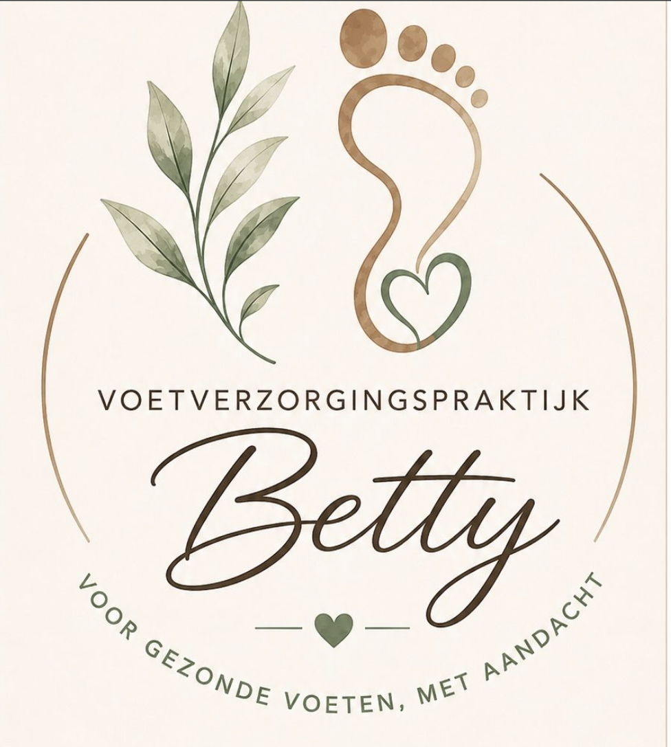 Het logo van Voetverzorgingspraktijk Betty: een aquarel met blaadjes, een voetafdruk en een hartje
